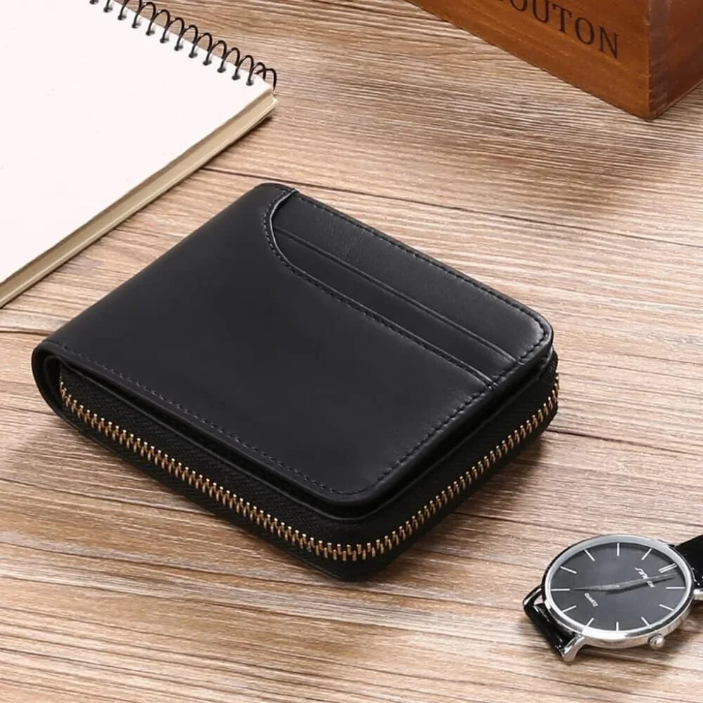 Men's A-Black Wallets Genuine Leather Front Around Zip Pocket Credit Card